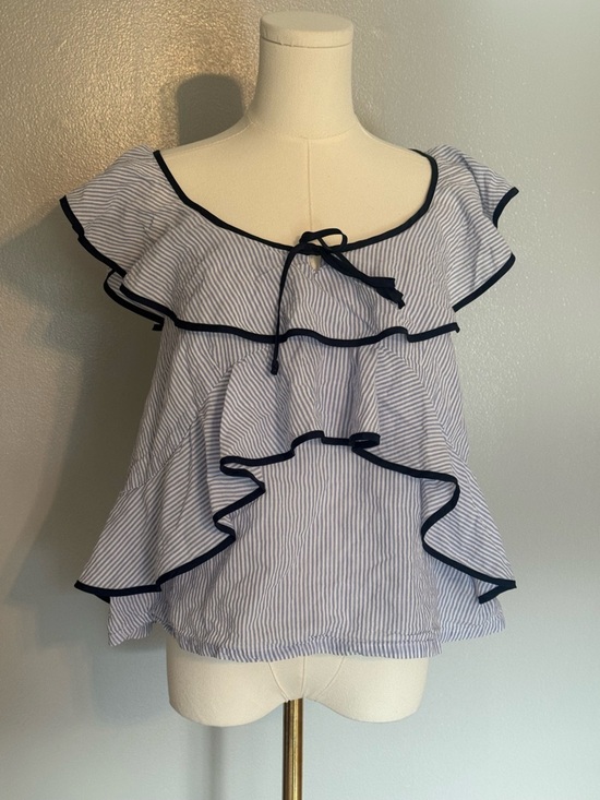 J. Crew Tops - J. Crew Blue and White Striped Ruffle Off-Shoulder Top